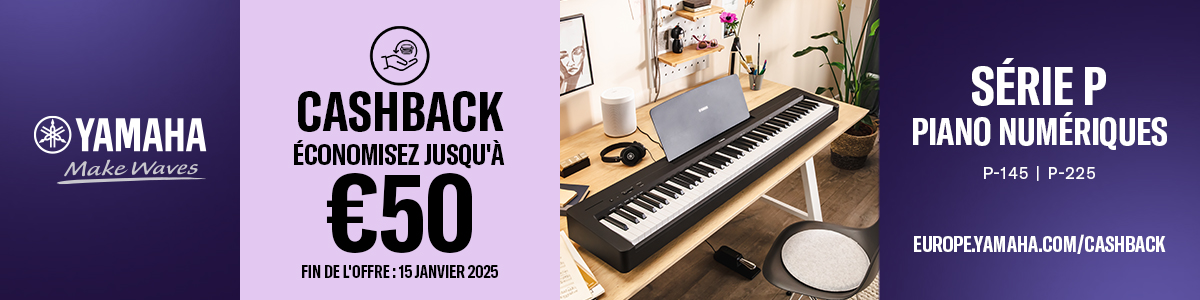 Cash back de 50€ sur les pianos portables Yamaha P-145 et P-225